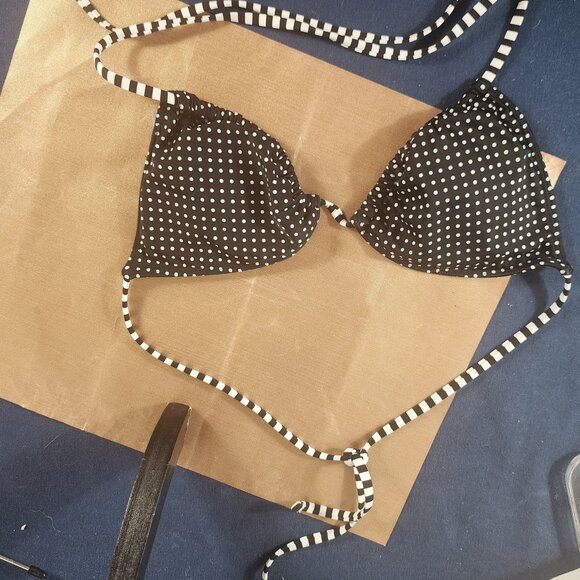 Massimo Black and White Polka Dot Striped Straps Nylon Span Bikini Top Size S - Picture 7 of 16